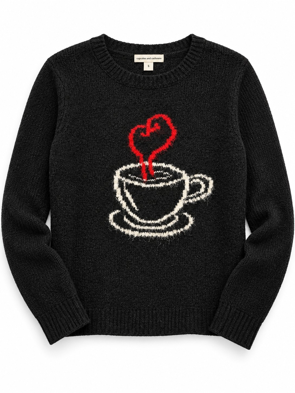 Cupcakes and Cashmere Black Coffee Cup Heart Graphic Sweater Women’s Small